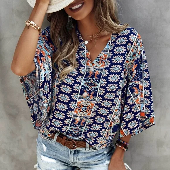 Boho Floral Print Kimono Sleeve Oversized Top - Picture 1 of 8
